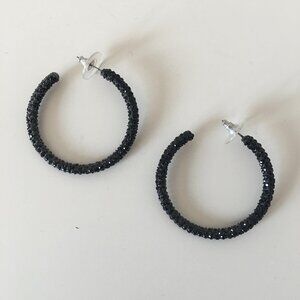 Metallic Seed Bead Woven Glass Round Black Hoop Earrings